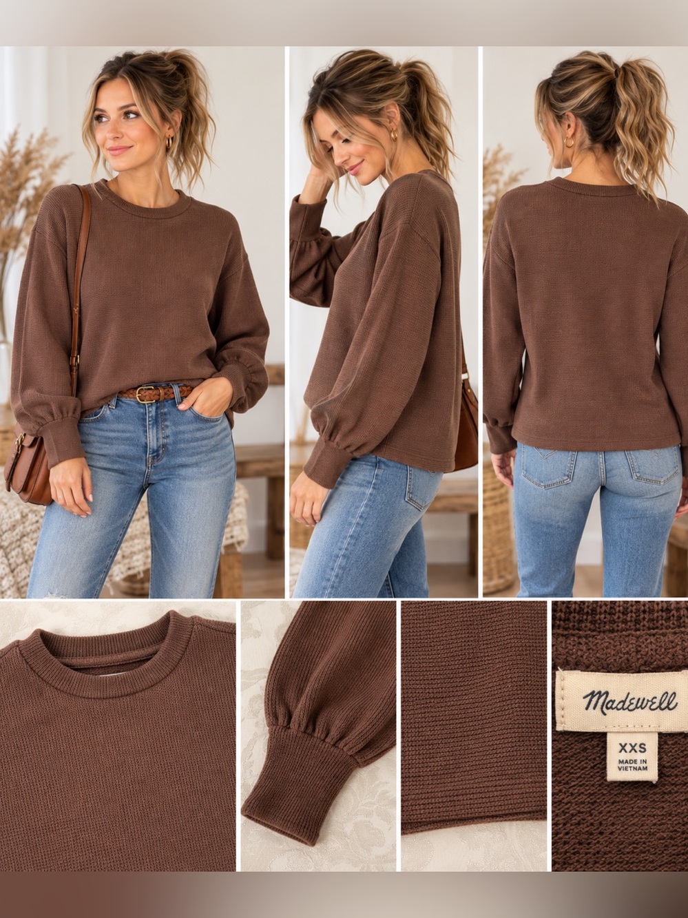 Madewell Chocolate Brown Waffle Knit Puff Sleeve Sweater Top XXS Fits S